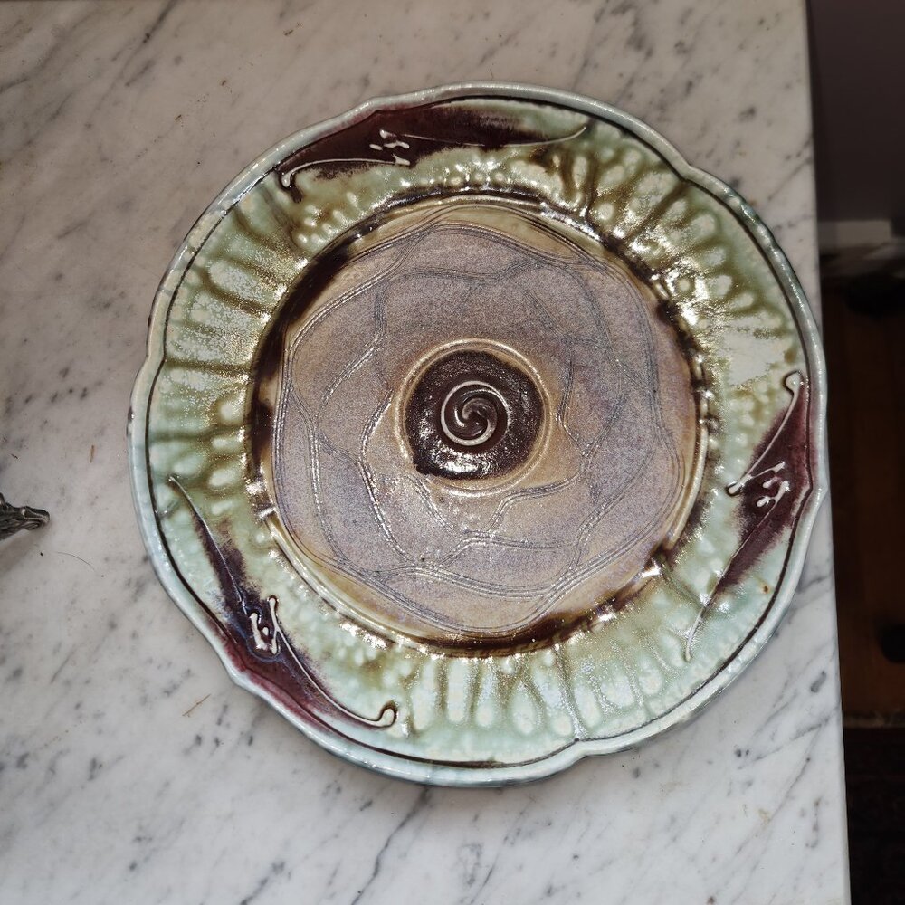 Handmade Studio Pottery Platter – Swirl Center, Celadon & Plum Glaze – Signed